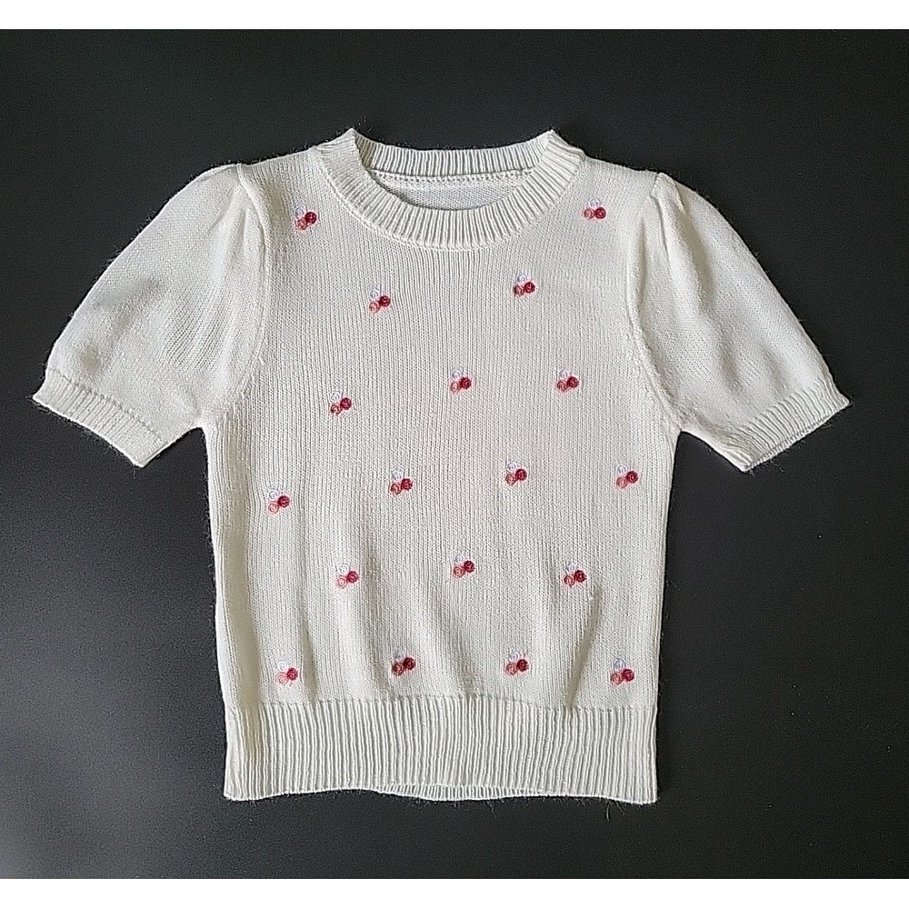 Vintage Sweater Small Cream Allover Cherry Embroidered Knit Coquette Mod Retro‎